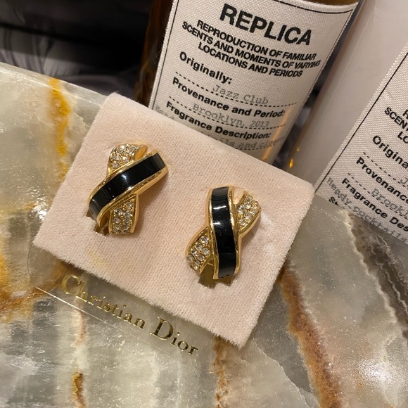 Christian Dior Criss Cross Crystal Enamel Clip On Earrings in Gold Black NWT